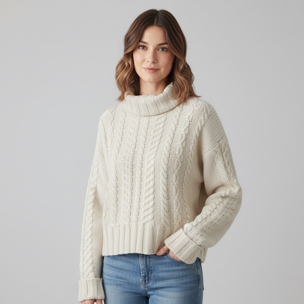 Vintage Saks Fifth Avenue Cable Knit 100% Cotton Cream Turtleneck Sweater